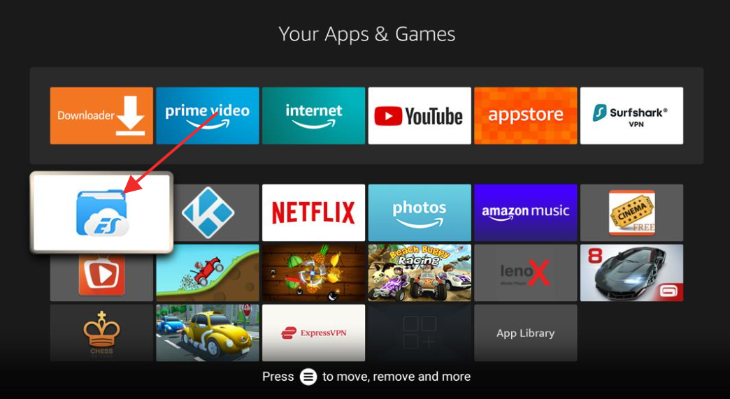 Launch ES File Explorer from firestick your apps and channels screen