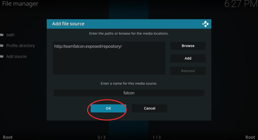 Ok highlighted Add source kodi