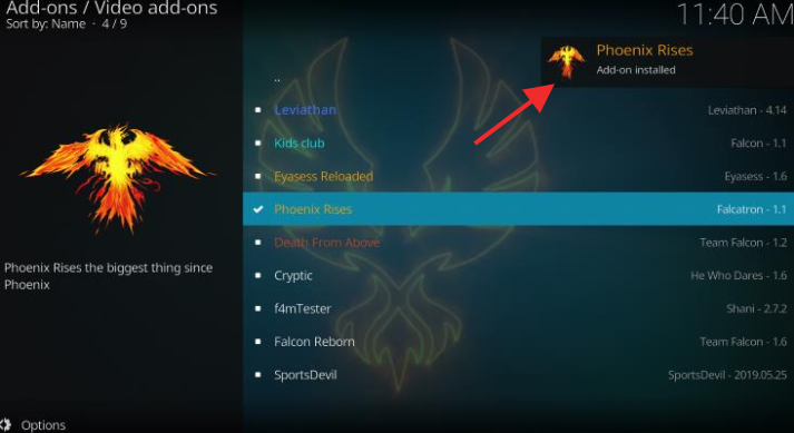 Phoenix Rises Kodi addon Installed message