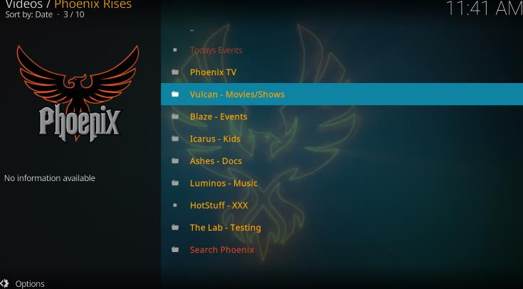  Phoenix Rises addon main screen