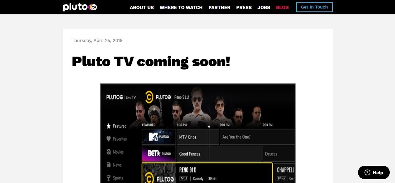 Pluto TV home page stating Pluto TV coming soon when accessed from geo-restricted areas