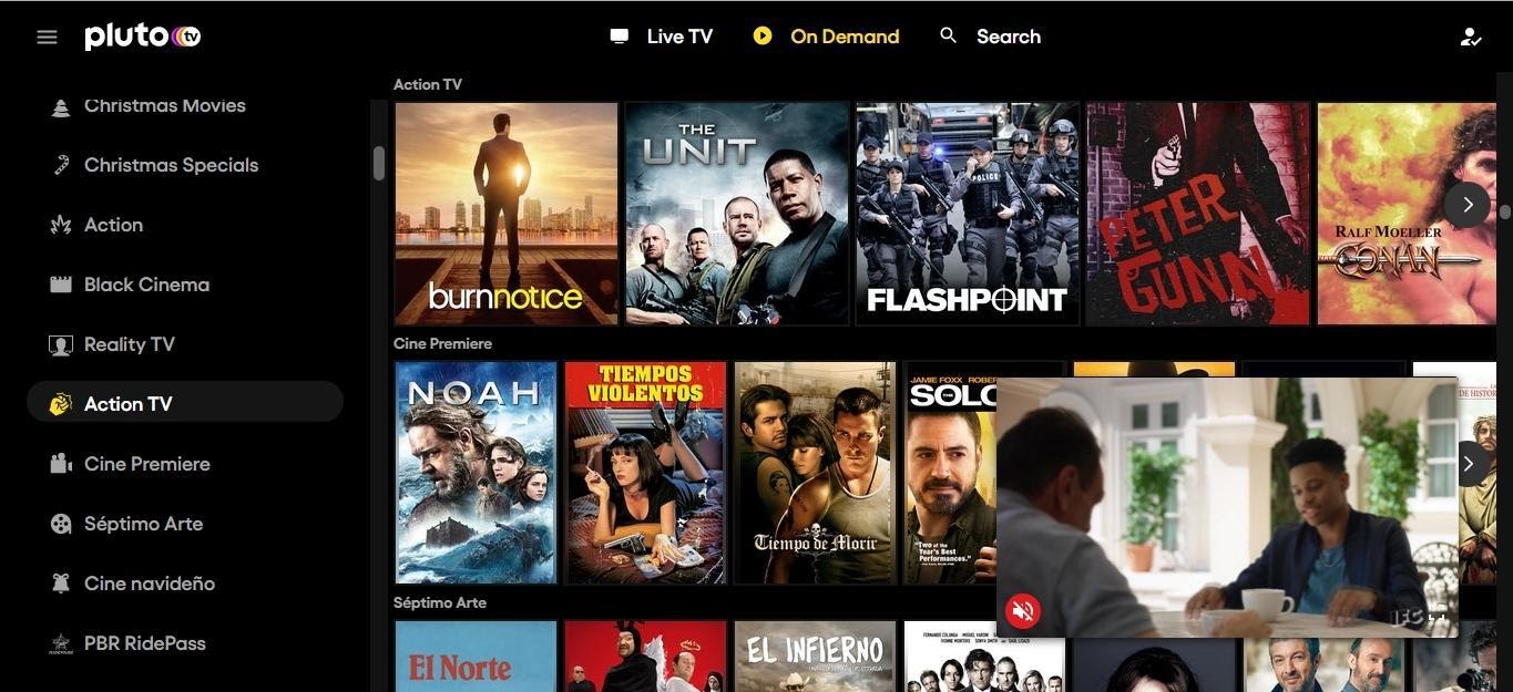 Pluto TV page showing available selections for Action TV shows