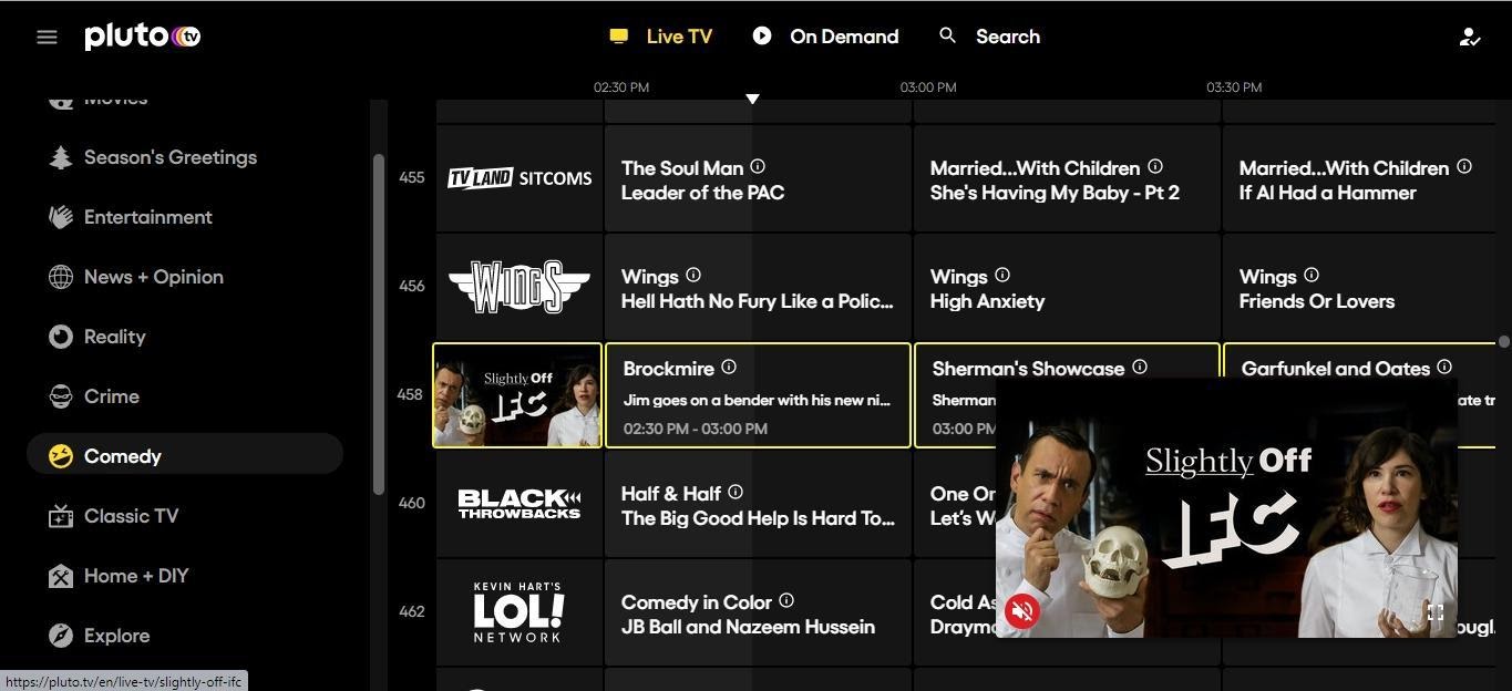 Pluto TV page showing available selections of comedy TV shows