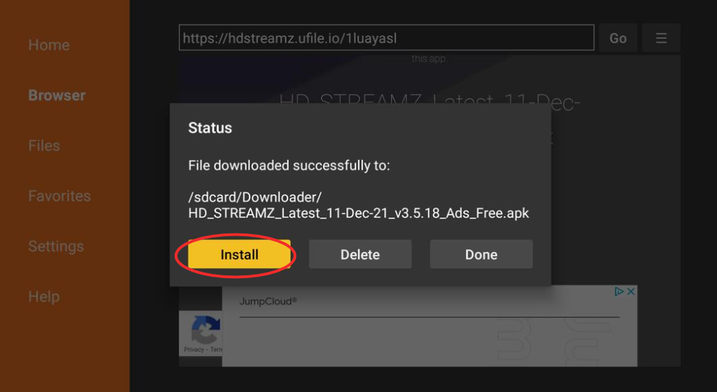 Popup asking to install the HD Streamz app, click Install