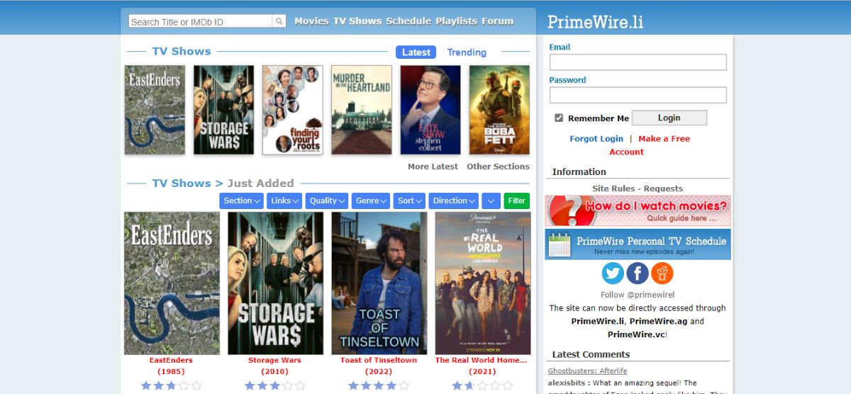 PrimeWire’s home page showing their login interface on the right, next to the TV Shows menu tiles