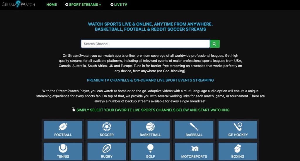 Stream2Watch home page