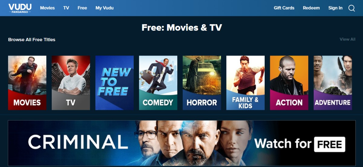 Vudu’s web page for their Free Movies & TV category