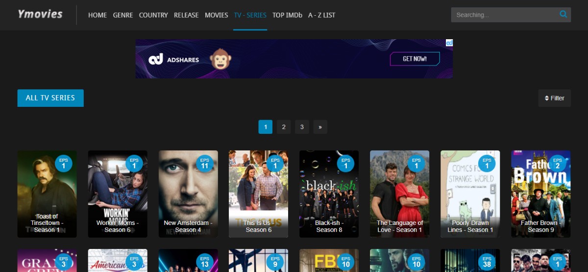 YMovies page for their All TV Series category