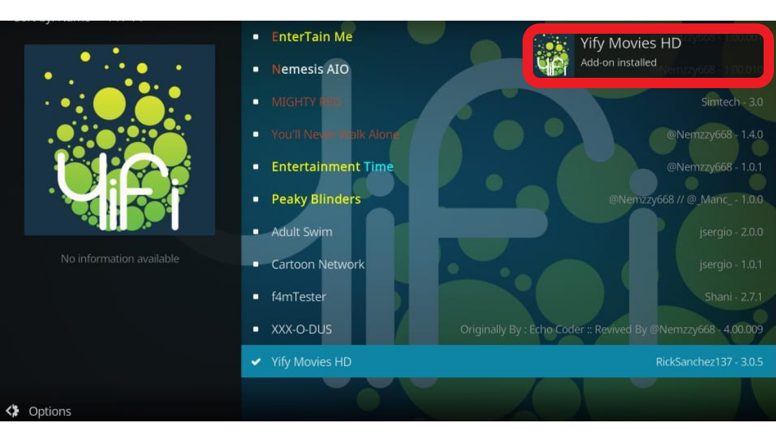 Yifi Movies HD Installed Message