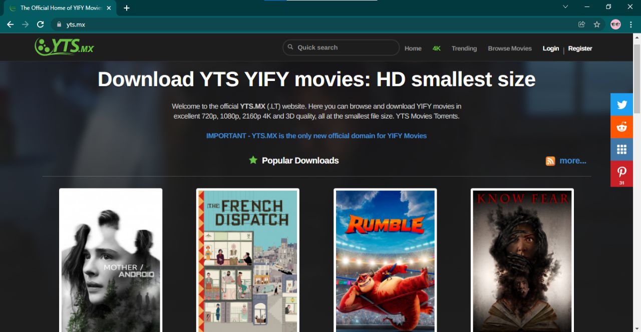 Yify Movies Homepage