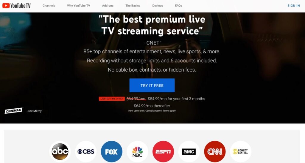 YouTube TV website