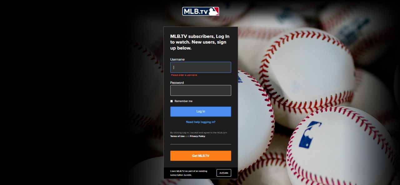 mlb login page