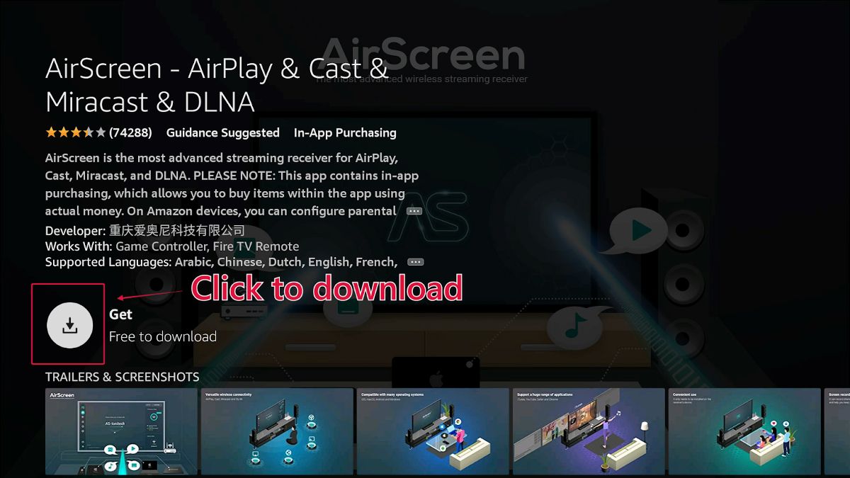 APPS & GAMES category, Select the AirScreen Get button