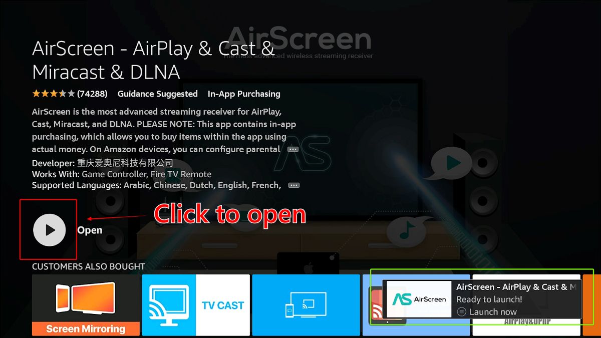 APPS & GAMES category, Select the AirScreen Open button