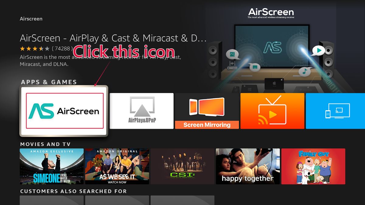 APPS & GAMES category, Select the AirScreen icon