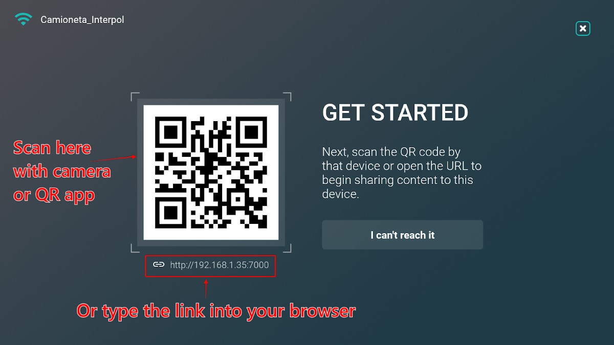 AirScreen menu with two options, scan the QR code or type the URL