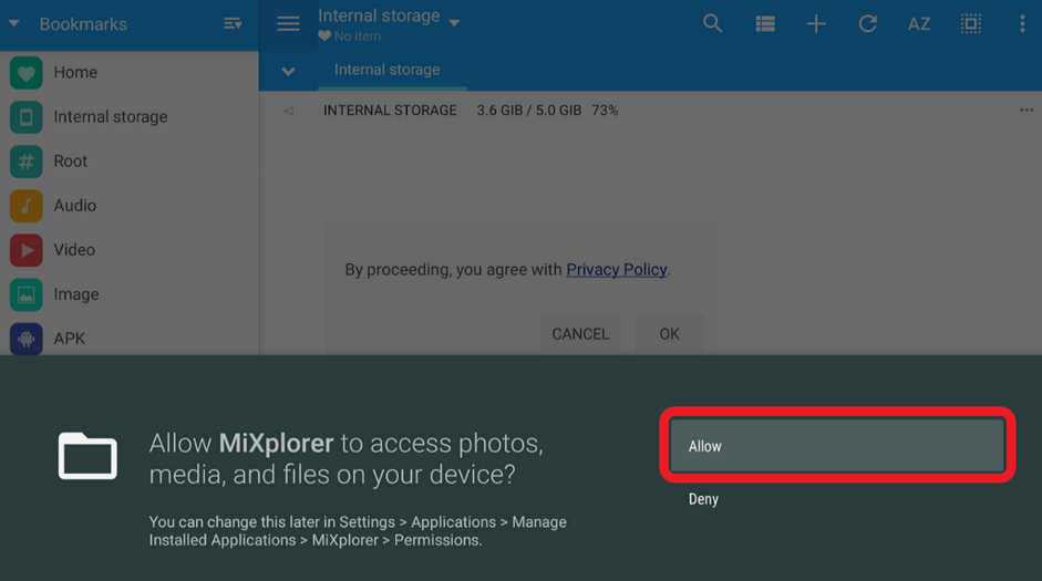 Allow Mixplorer to access photos, media and files