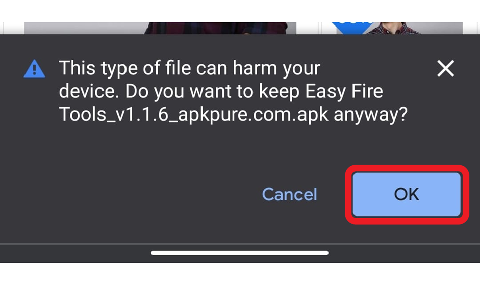 Android device warning message for downloading Easy Fire Tools