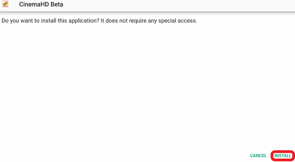 Cinema HD app installation window, Install button highlighted