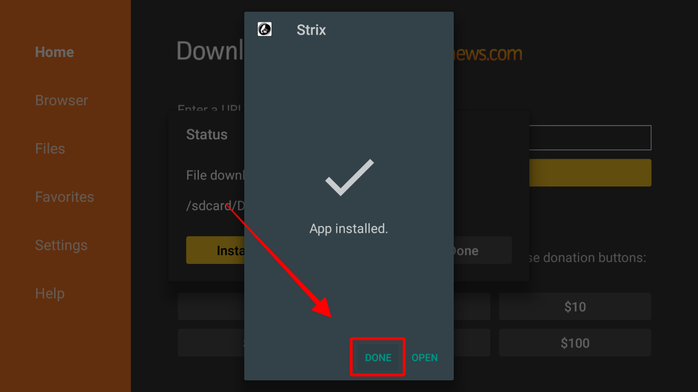 Downloader App Strix app installed popup