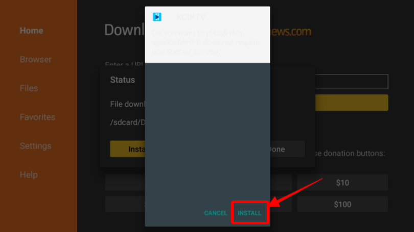 Downloader Browser XCIPTV app install prompt