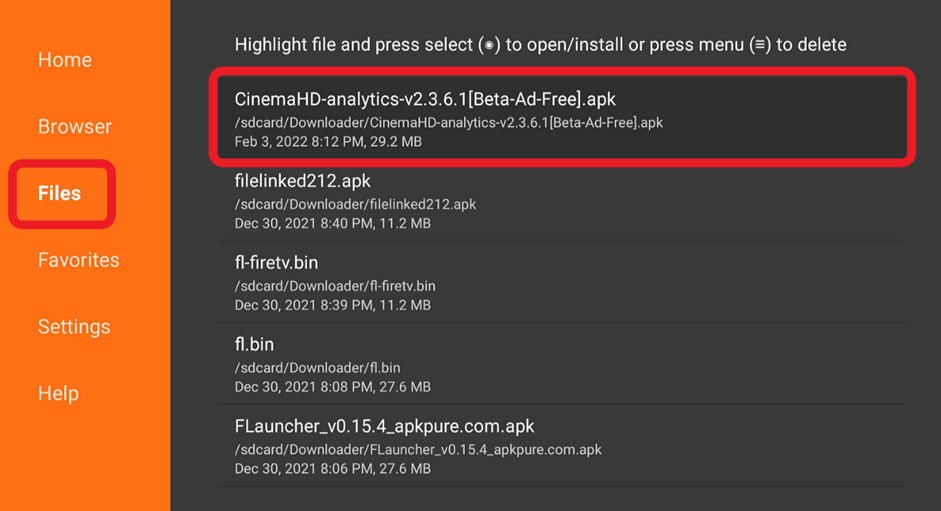 Downloader Files tab, Select the APK file you transferred from your PC or MAC