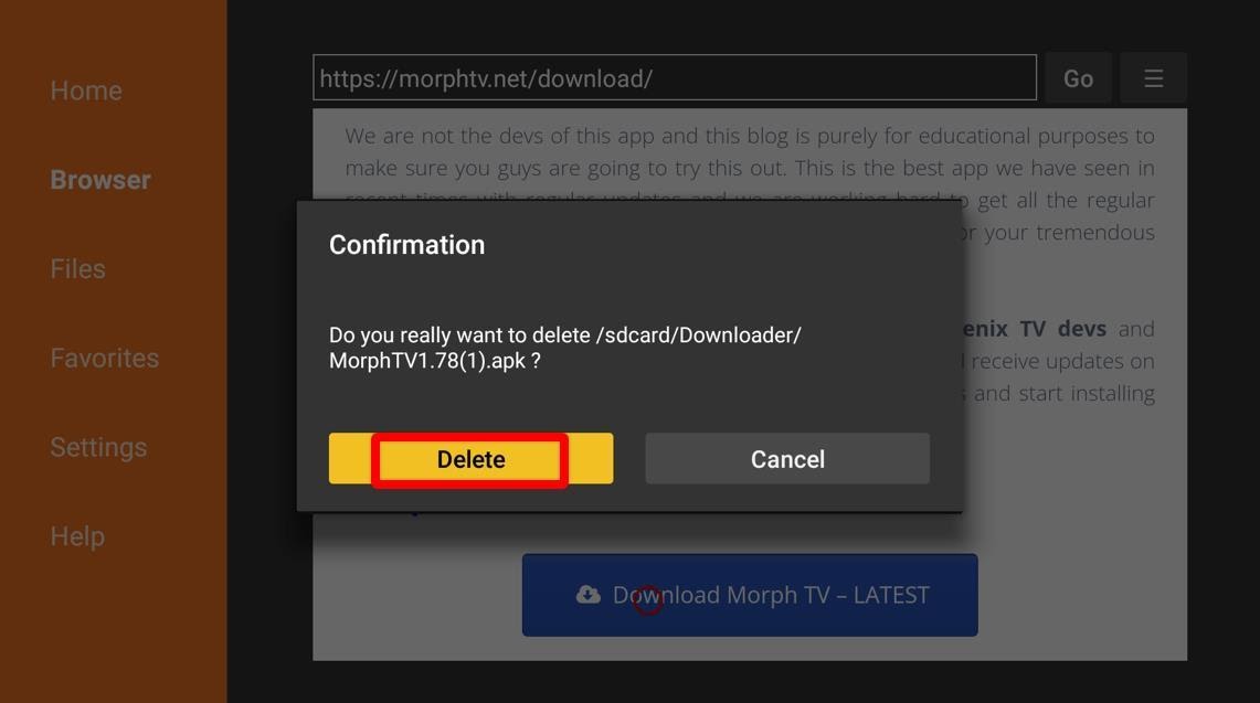 Downloader app confirmation window to delete morph tv apk files