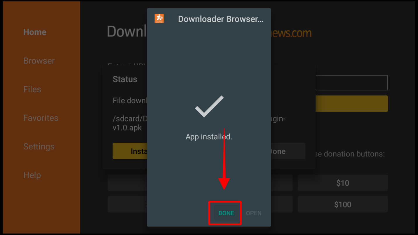 Downloader browser App installed, Done highlighted