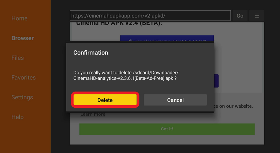 Downloader browser Cinema HD app delete APK files confirmation prompt