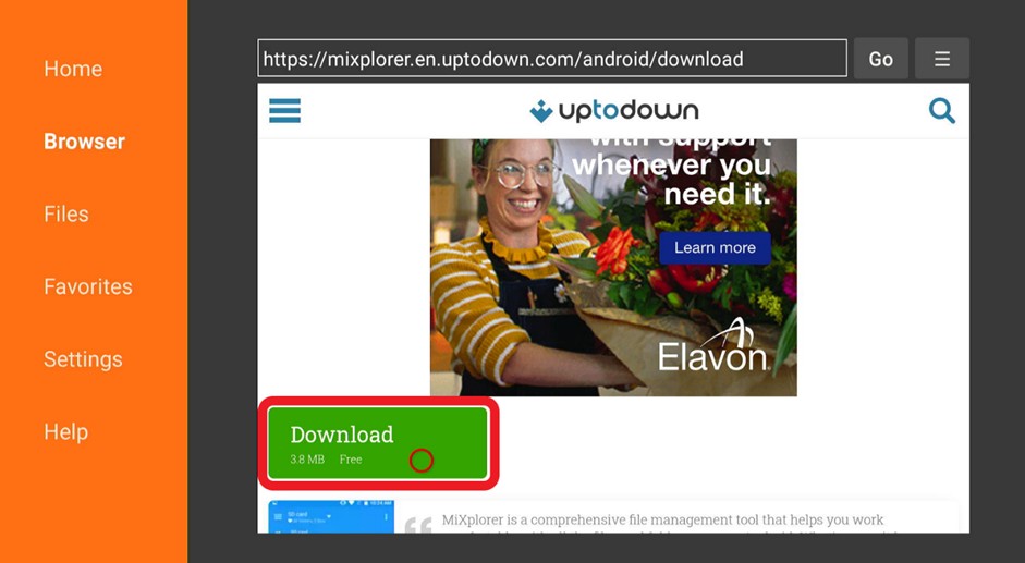 Downloader browser Mixplorer website, download button highlighted