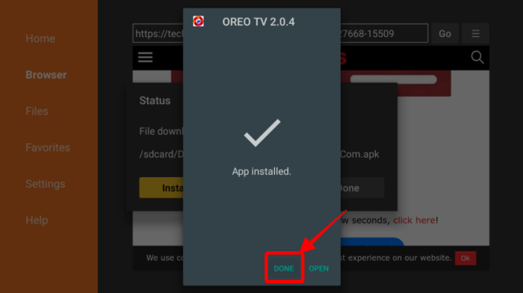 Downloader browser Oreo TV Installed click Done button