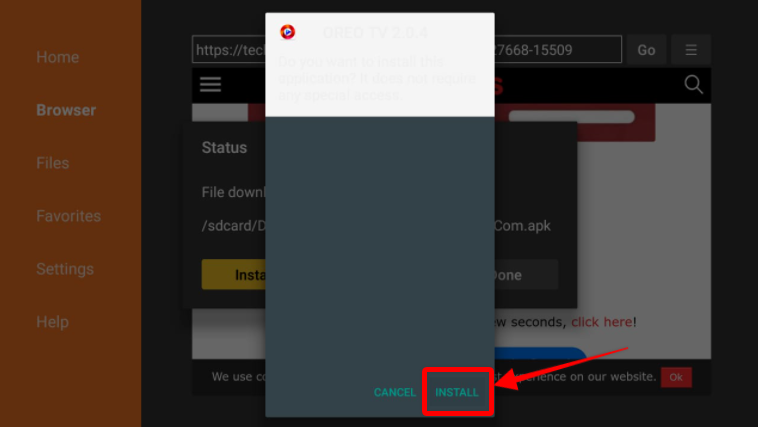 Downloader browser click Oreo TV Install button
