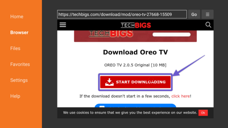 Downloader browser click Oreo TV download