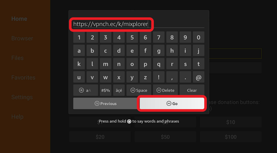 Downloader browser keypad, type Mixplorer URL