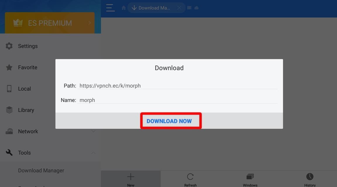 ES Premium app morph URL download popup