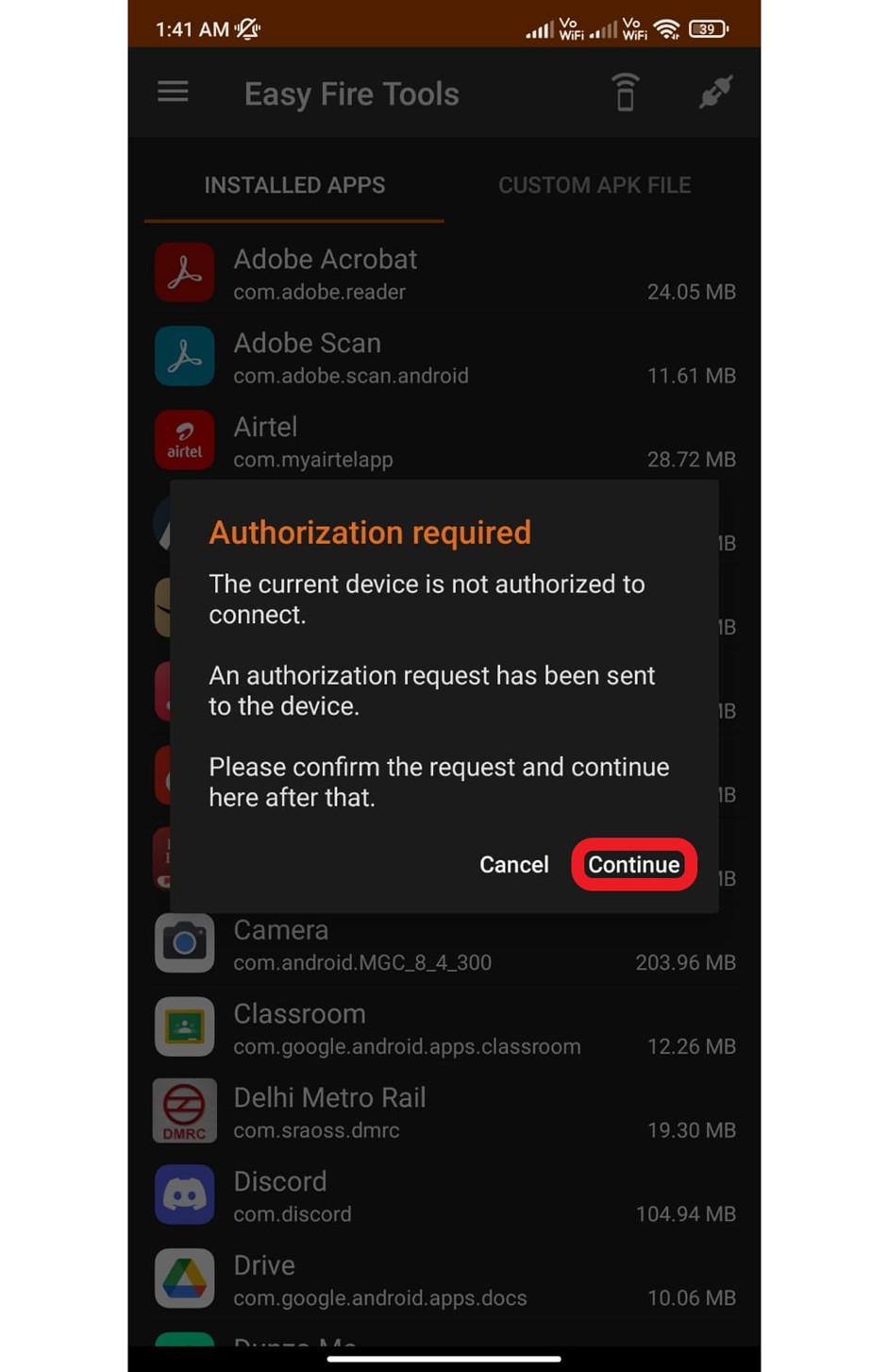 Easy Fire Tools, authorization request prompt to connect firestick