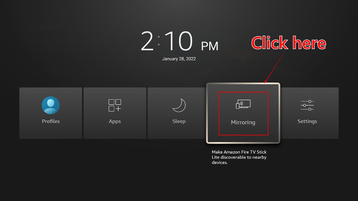 Fire TV options menu, select ‘Mirroring’