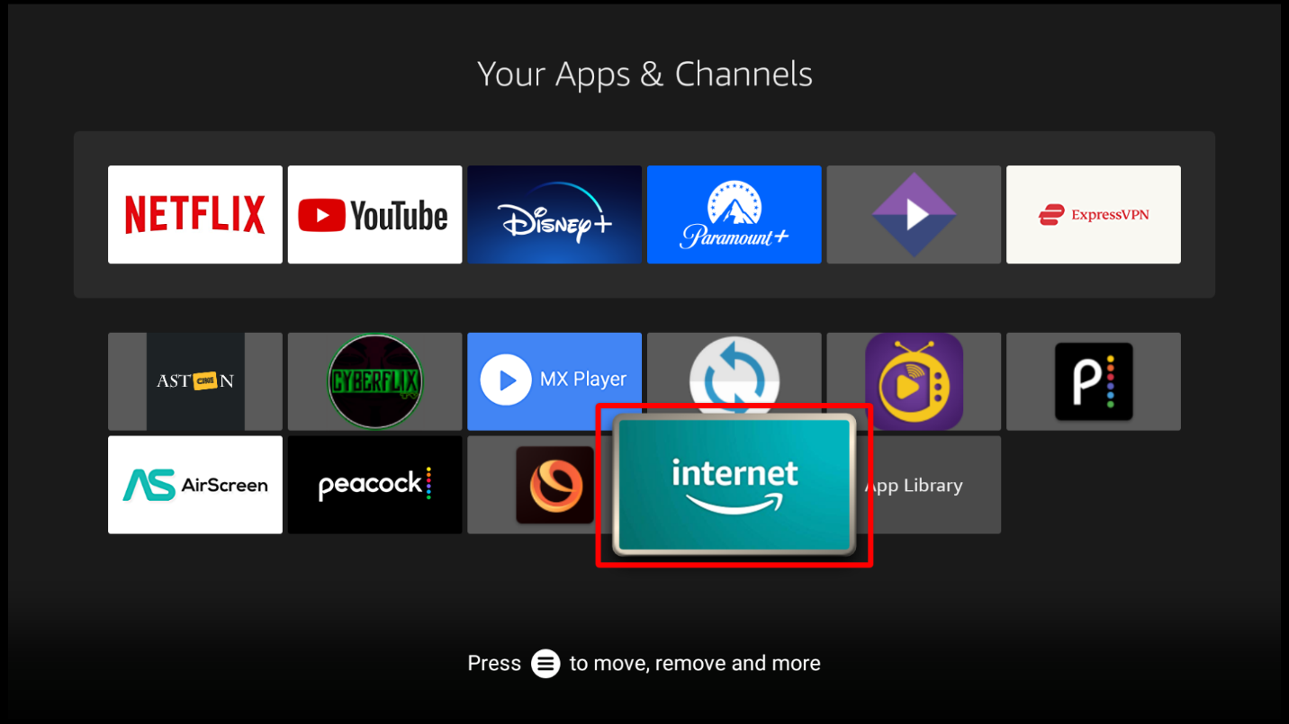 Firestick your apps and channel window, Internet highlighted