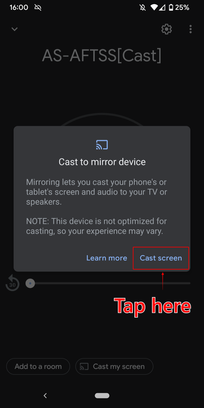 Google Home home screen, prompt informing about mirroring. Tap ‘Cast screen’