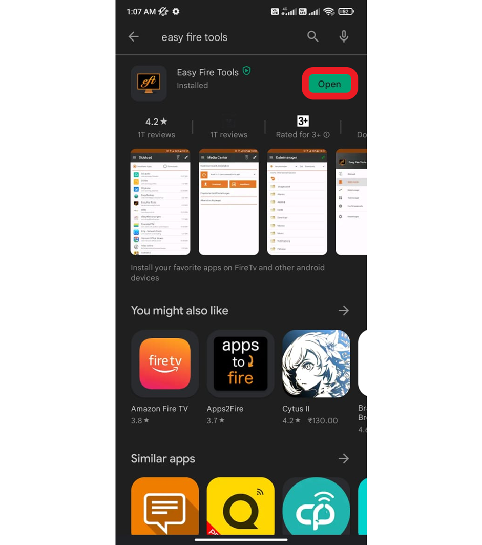 Google Play Store on your Android device, Open Easy Fire Tools