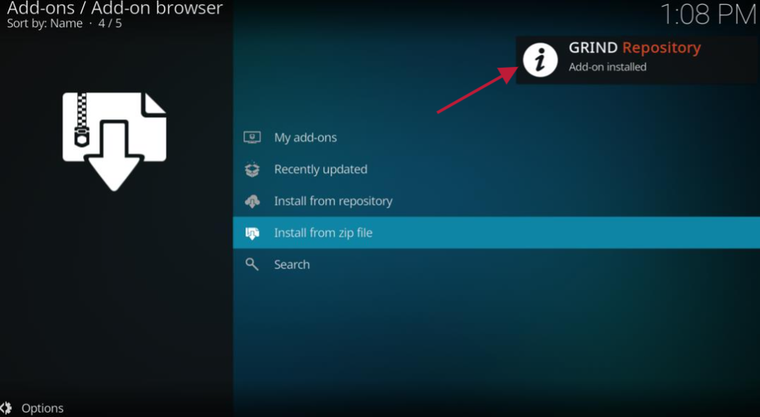 Kodi Add-on browser GRIND repository updated popup