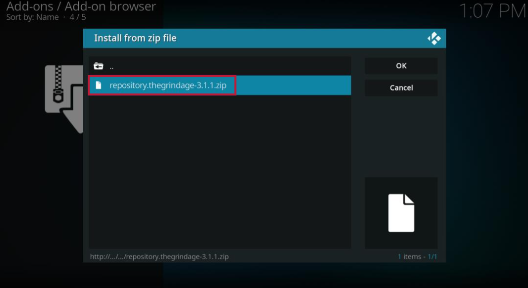 Kodi Add-on browser Install from zip file, select repository thegrindage