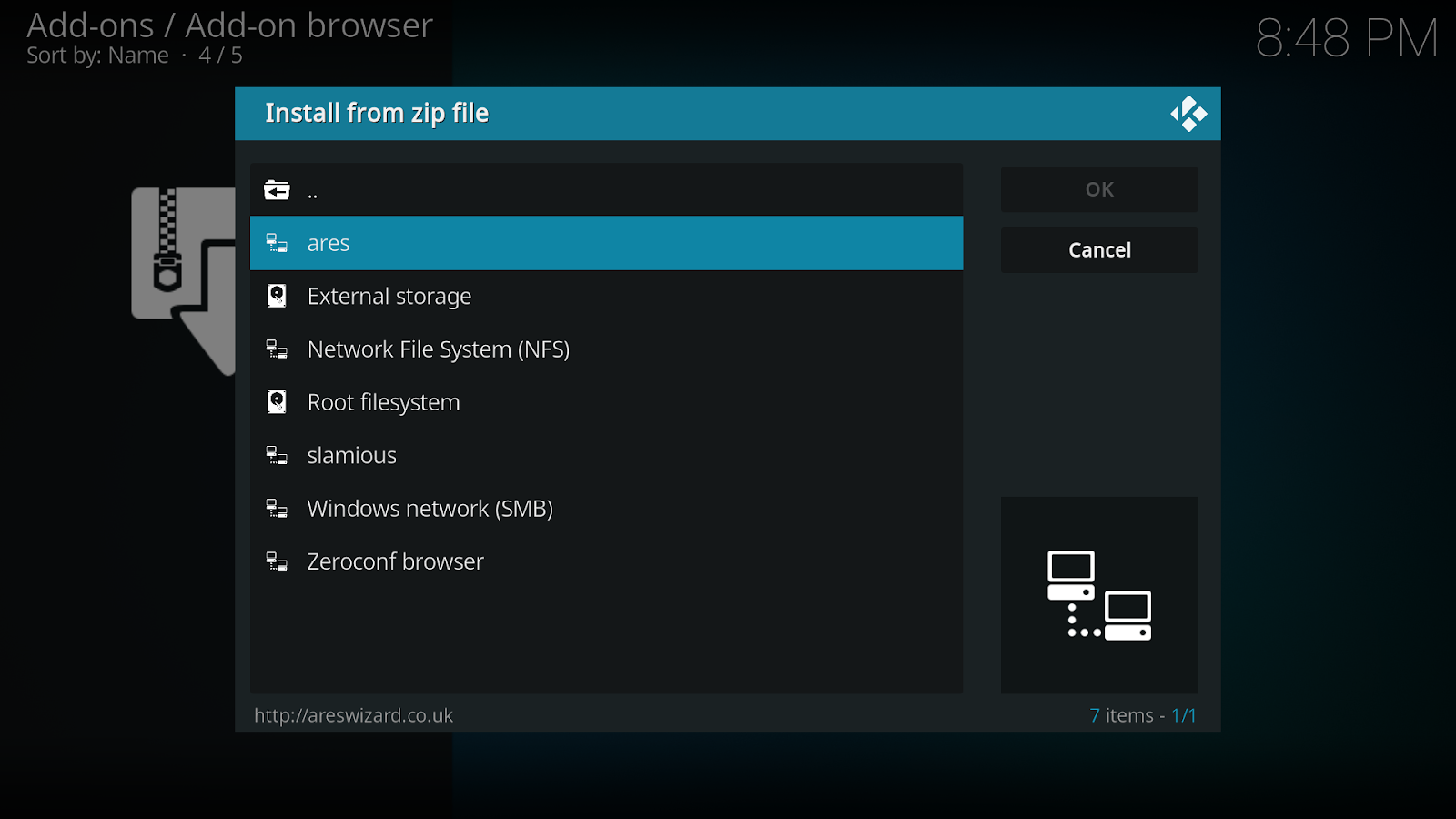 Kodi Add-ons Install from zip file, ares highlighted