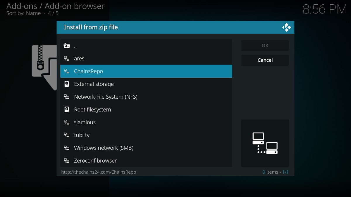 Kodi Add-ons browser, Install from zip file, click ChainsRepo