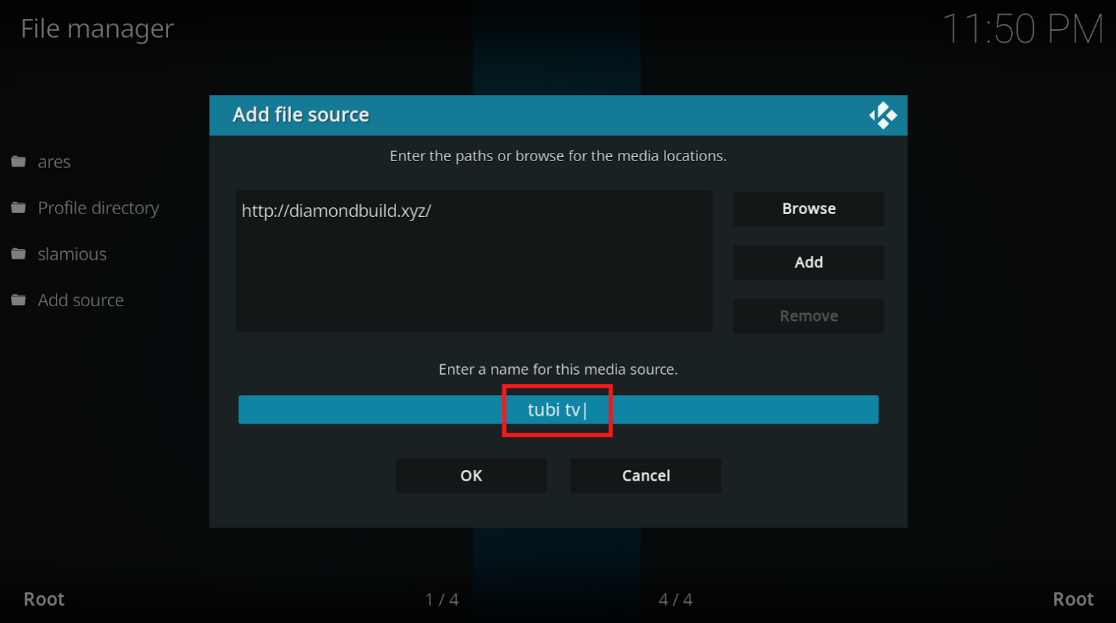 Kodi File Manager add file source tubi tv