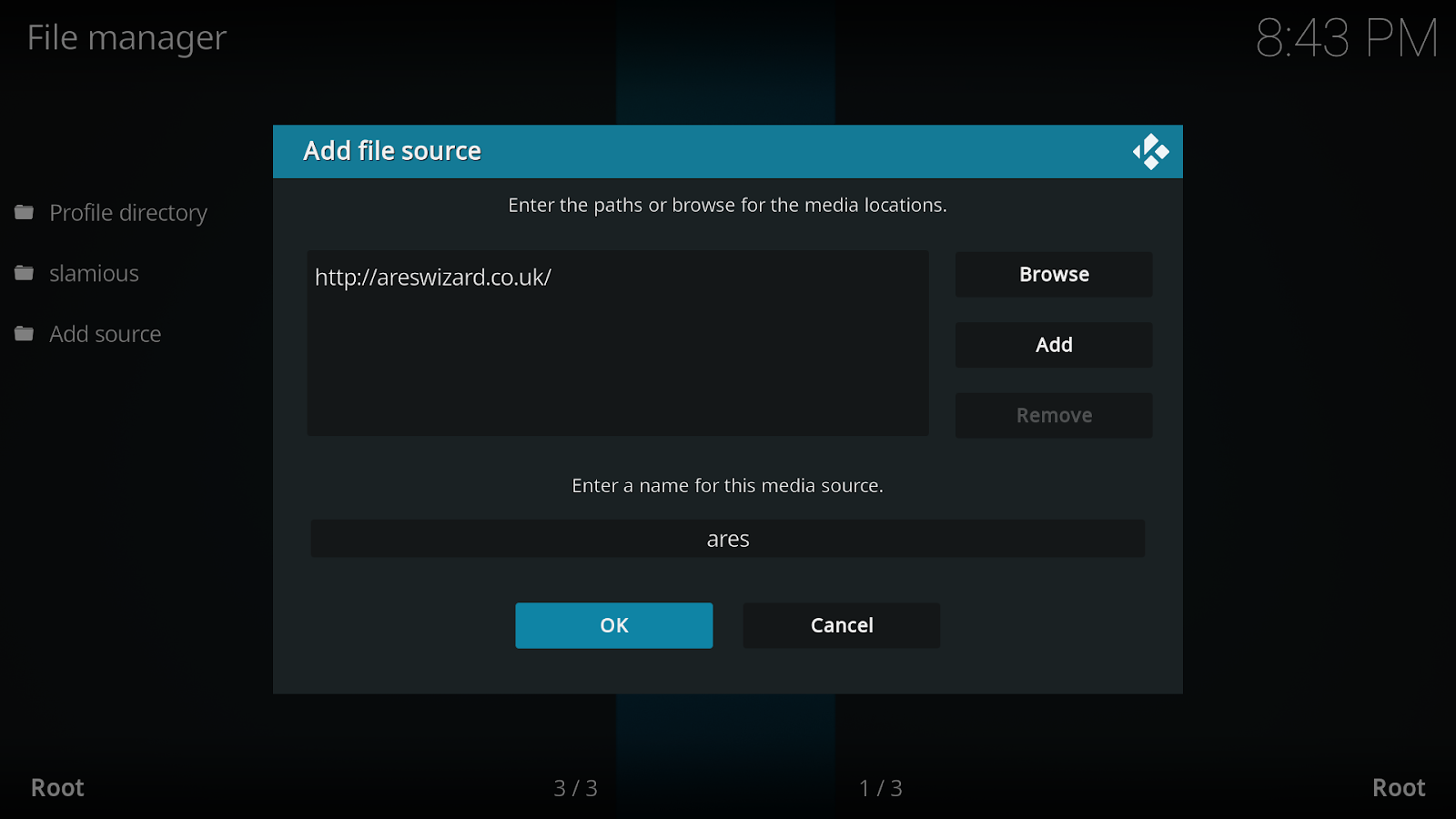 Kodi File manager pop up asking to name ares wizard media source