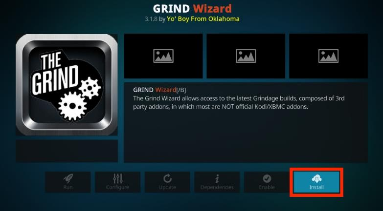 Kodi Grind Wizard Install button selected