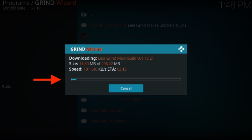 Kodi Grind Wizard popup, showing downloading status