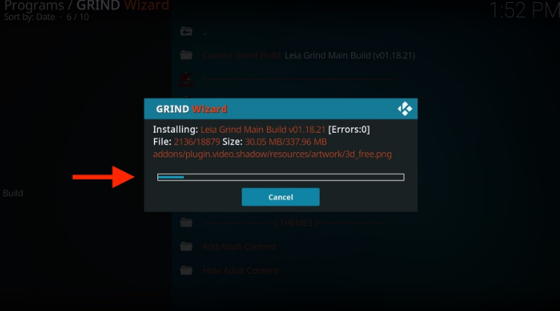 Kodi Grind Wizard popup, showing installing status