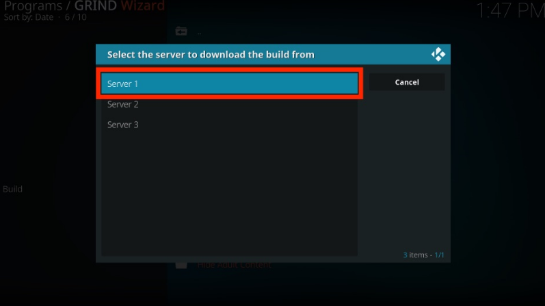 Kodi Grind Wizard popup, to select download server